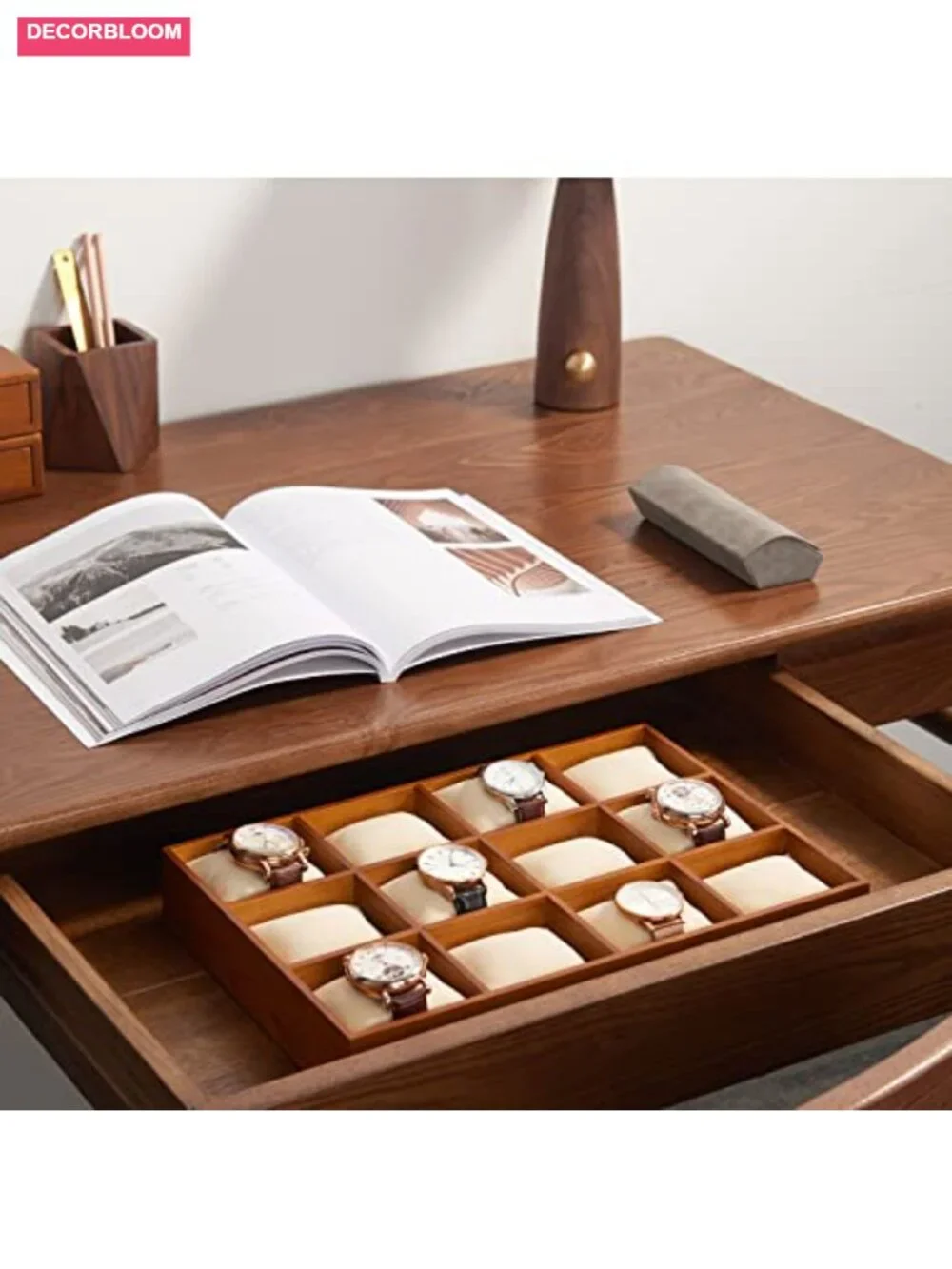 Solid Wood 12-Slot Watch Storage Tray with Microfiber Pillows